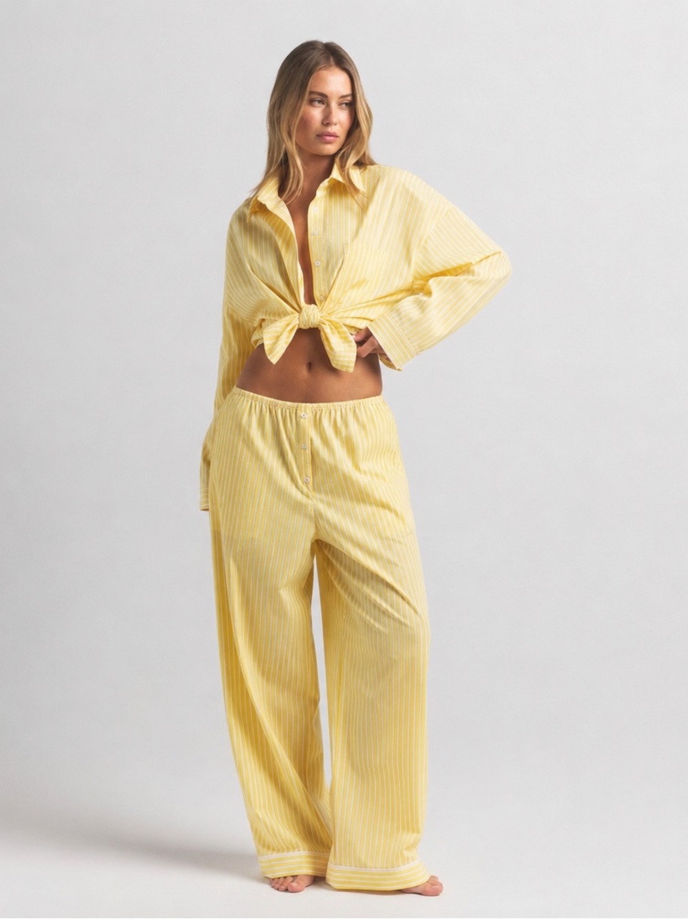 LIKENEW Yellow Pinstripe Women's Two-Piece modern STRIPES Set Boat Style SET
